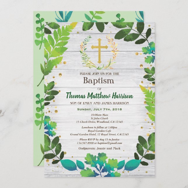 Baptism invitation. Greenery wreath rustic wood Invitation (Front/Back)