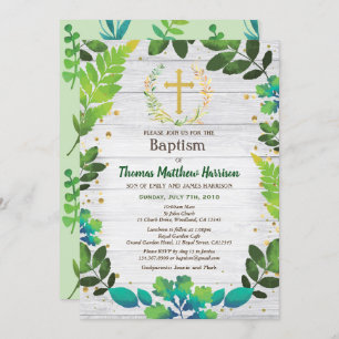 Baptism invitation. Greenery wreath rustic wood Invitation
