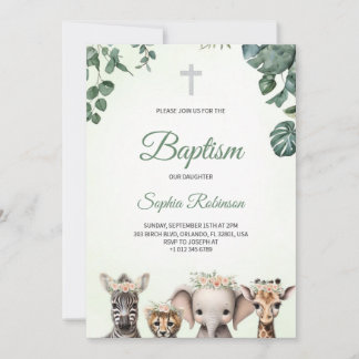 Baptism invitation in watercolour jungle themed