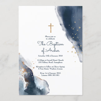 Baptism Invitation - Navy Watercolour Gold Glitter