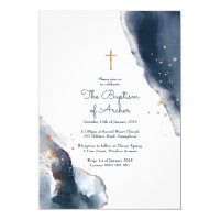 Baptism Invitation - Navy Watercolour Gold Glitter