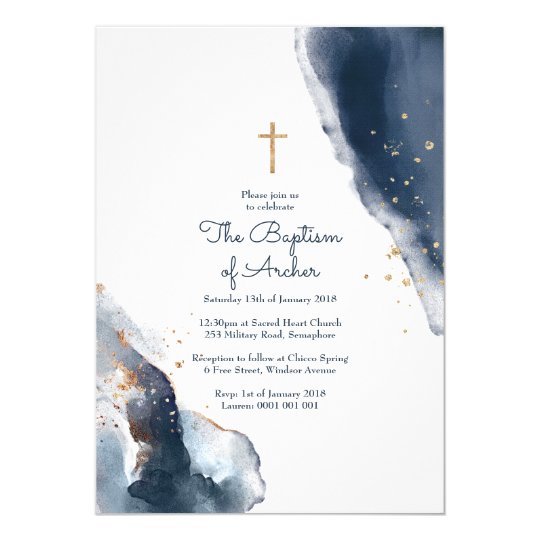 Baptism Invitation - Navy Watercolour Gold Glitter