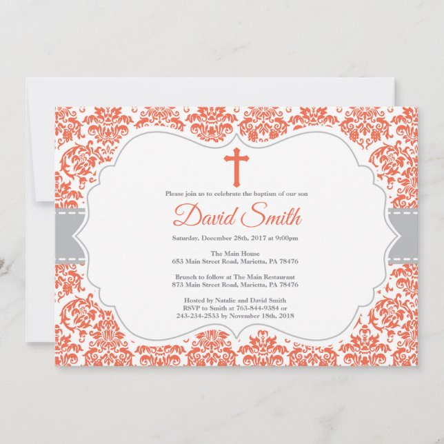 Baptism Invitation Red and Grey Damask (Front)
