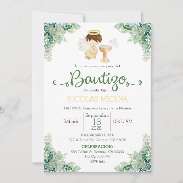 Baptism Invitation Spanish boy greenery  (Front)