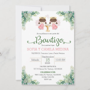Baptism Invitation Spanish two Girls twins sisters