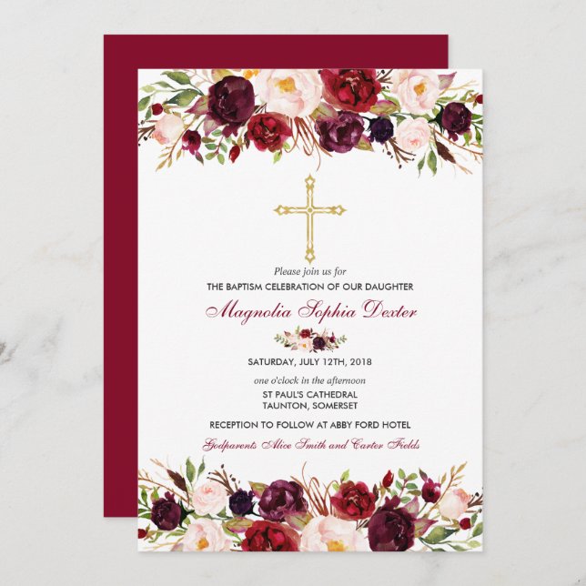 Baptism Invitation Watercolor Floral Baptism Card (Front/Back)