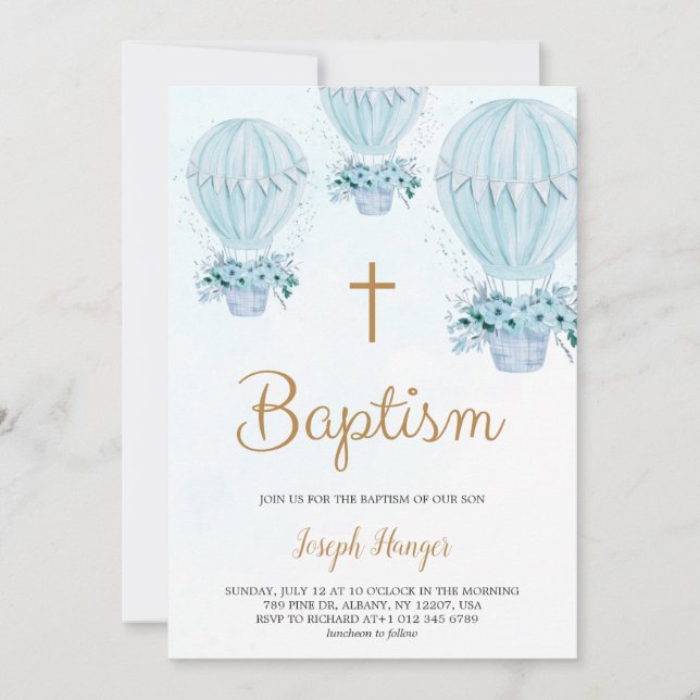 Baptism invitation with blue hot air balloon  (Front)