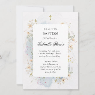 Baptism Invitation with Cross and Floral Accents