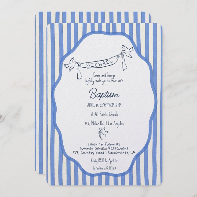 Baptism invitation with doves blue pinstripes (Front/Back)