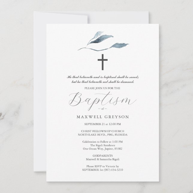 Baptism Invitations Dusty Blue Botanicals  (Front)