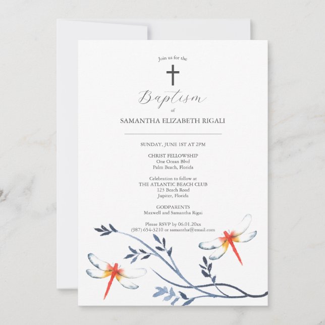 Baptism Invitations Godparents Name Red Dragonfly (Front)