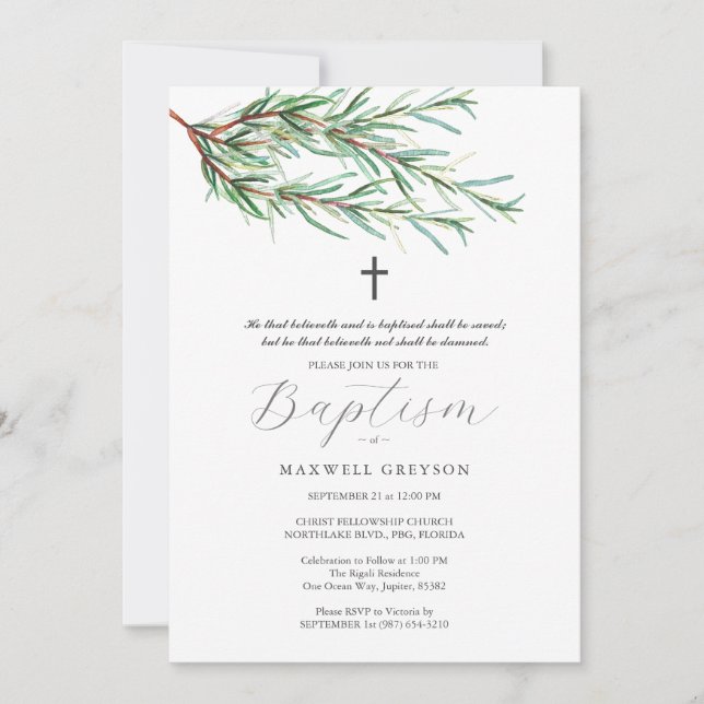 Baptism Invitations Pine Bows Botanicals  (Front)