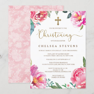 Baptism Invitations Pink Peonies