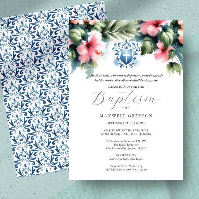 Baptism Invitations Religious Blue and Pink (Baptism invitations with godparents names pink hibiscus flowers by Victoria Grigaliunas)