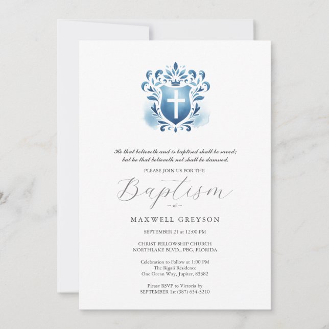 Baptism Invitations Religious Dusty Blue Crest (Front)