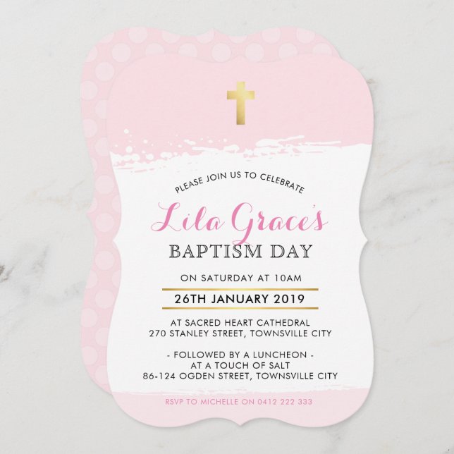 BAPTISM INVITE cute modern cross brush stroke pink (Front/Back)