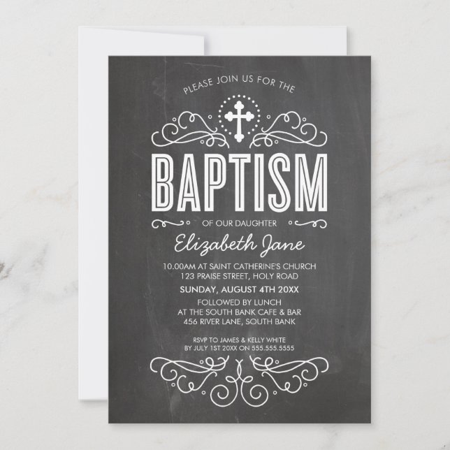 BAPTISM INVITE elegant flourish chalkboard grey (Front)