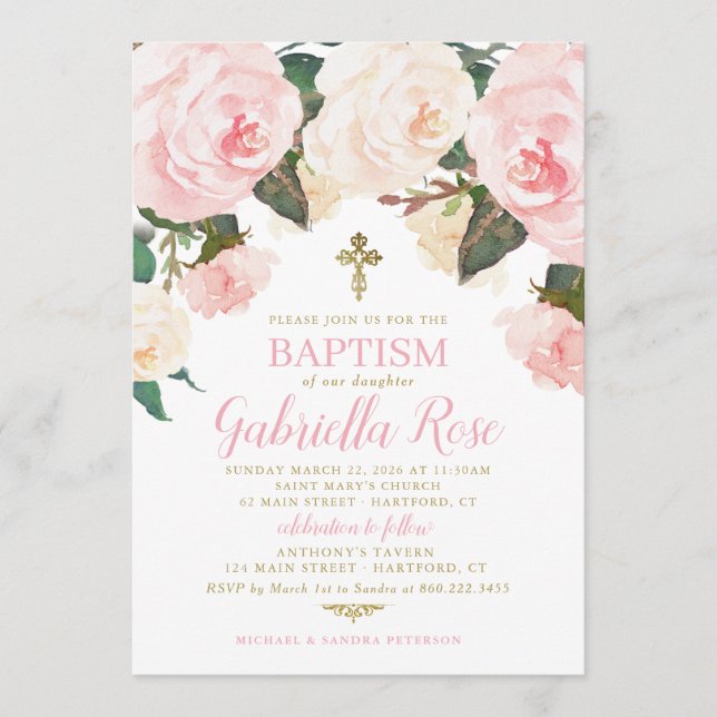 Baptism Invite | Pink Floral Gold (Front)
