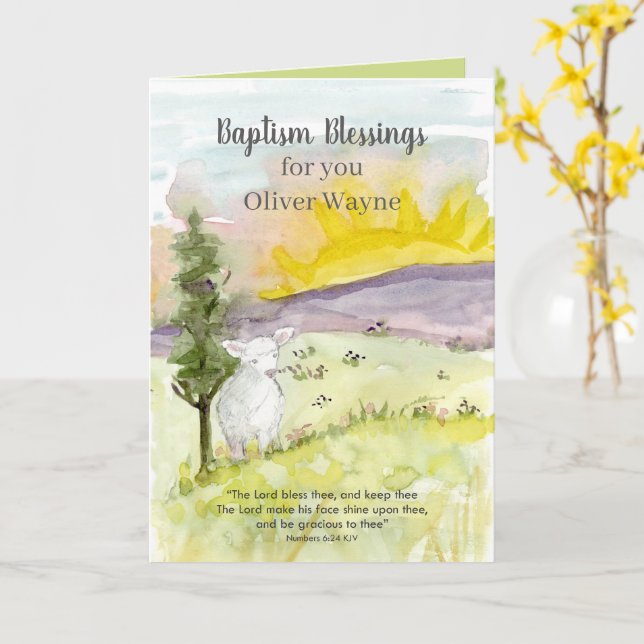 Baptism Lamb Sunrise Landscape Personalised Card (Yellow Flower)