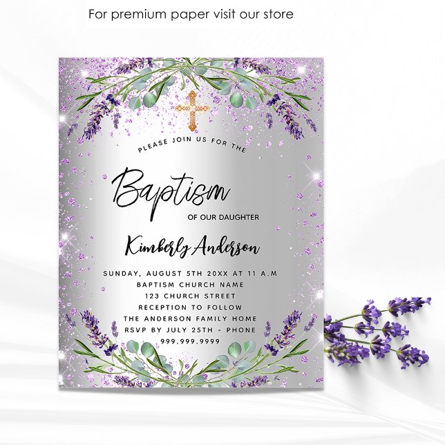 Baptism lavender silver violet budget invitation (Creator Uploaded)
