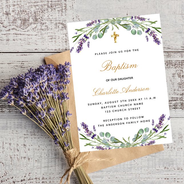 Baptism lavender violet floral eucalyptus greenery invitation postcard (Creator Uploaded)