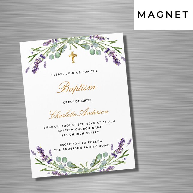 Baptism lavender violet floral eucalyptus luxury magnetic invitation (Creator Uploaded)