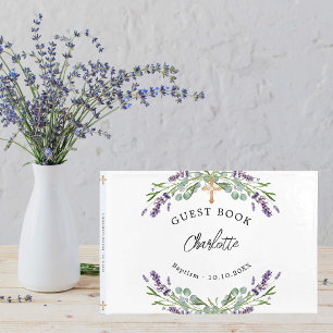 Baptism lavender violet florals eucalyptus guest book