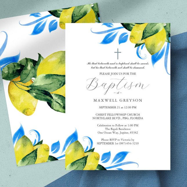 Baptism Lemon Foliage Religious Italian Blue Invitation (baptism invitation lemons Italian blue tile watercolor botanical art by Victoria Grigaliunas)