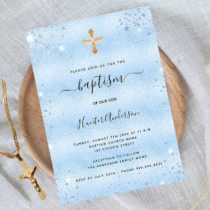 Baptism light blue baby boy glitter invitation