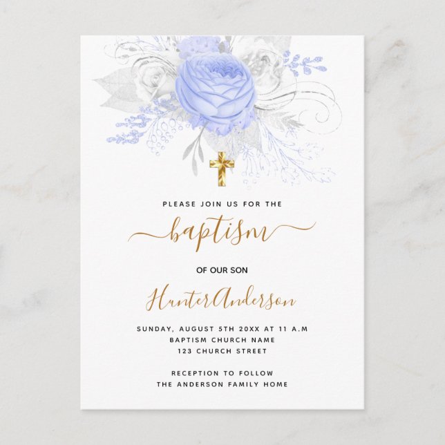 Baptism light blue florals boy elegant white invitation postcard (Front)