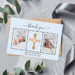 Baptism light blue photo script baby boy thank you card<br><div class="desc">Add 2 or 3 of your own photos and a thank you note.  A classic light blue background with black text and frame.  The text: Thank you on the front and your names on the back are written with a stylish hand lettered script with swashes.</div>