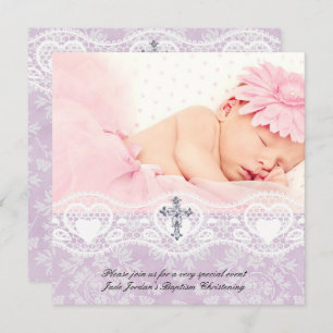 Baptism Lilac White Lace Photo Jewel Cross Girl Invitation