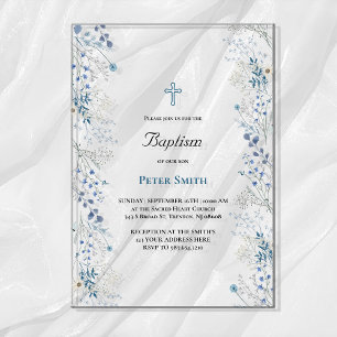 Baptism little blue watercolor flowers acrylic invitations