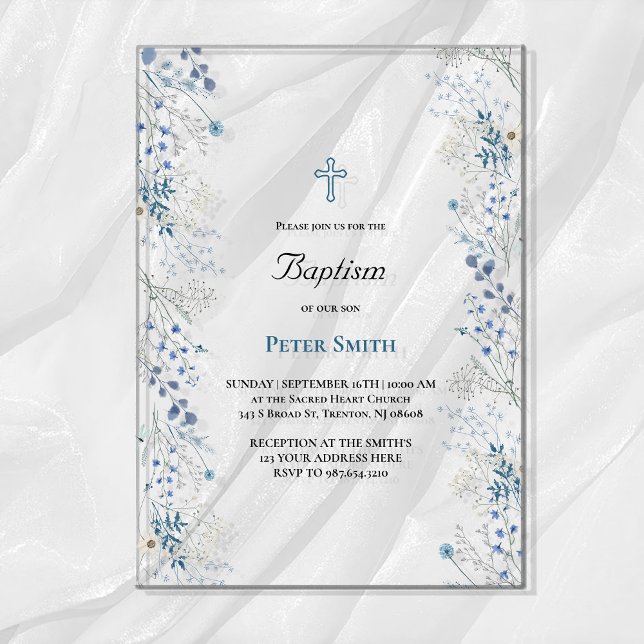 Baptism little blue watercolor flowers acrylic invitations (Creator Uploaded)