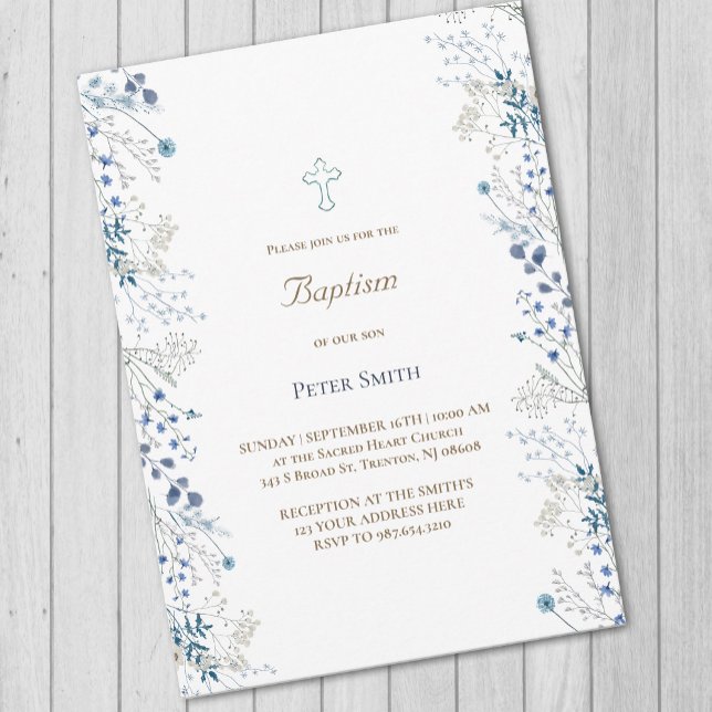 Baptism little blue watercolor flowers invitation (Creator Uploaded)