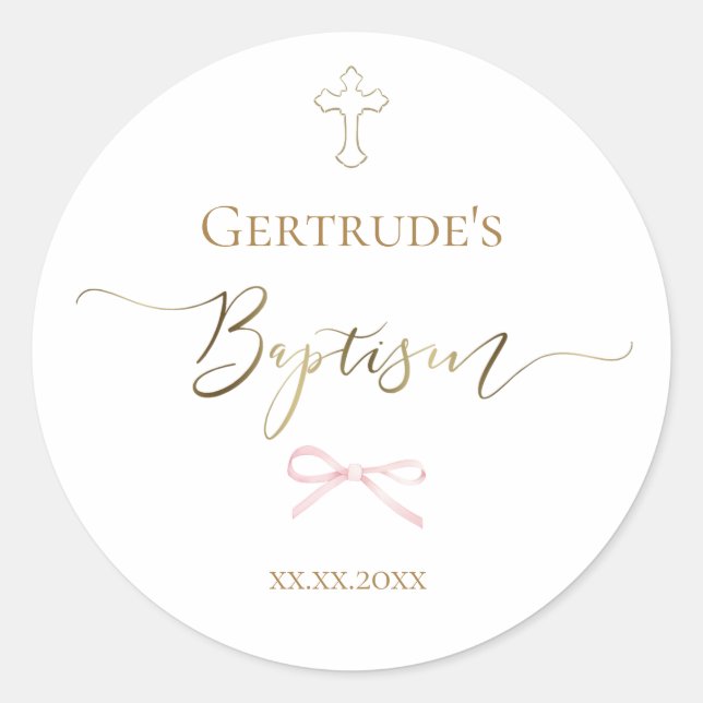 Baptism little pink bow classic round sticker (Front)