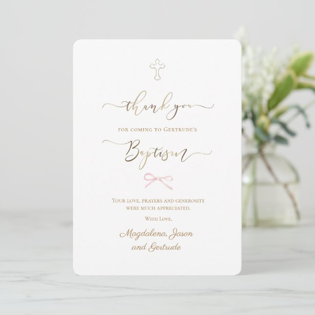 Baptism little pink bow thank you card (Standing Front)