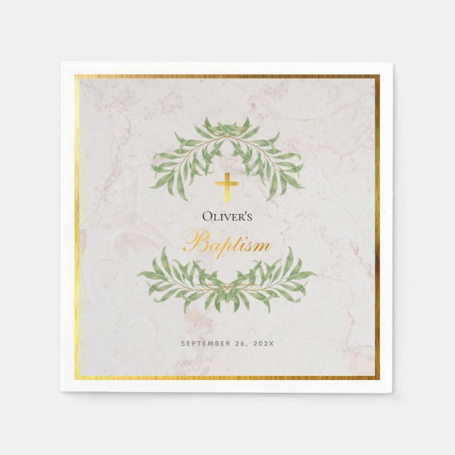 Baptism Marble Foliage Faux Gold Foil Calligraphy Napkin (Front)