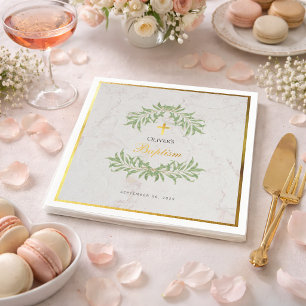 Baptism Marble Foliage Faux Gold Foil Calligraphy Napkin
