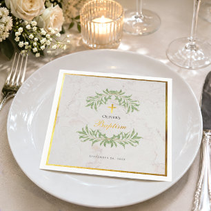 Baptism Marble Foliage Faux Gold Foil Calligraphy Napkin