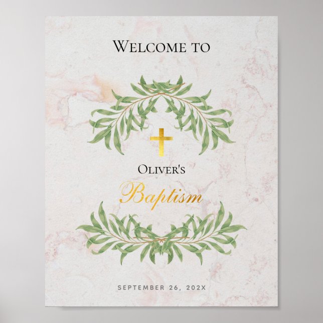 Baptism Marble Foliage Faux Gold Foil Welcome Sign (Front)