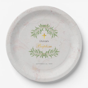 Baptism Marble Foliage Greenery Faux Gold Script Paper Plate