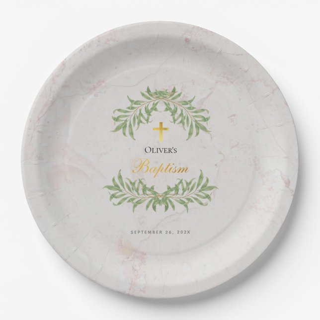 Baptism Marble Foliage Greenery Faux Gold Script  Paper Plate (Front)