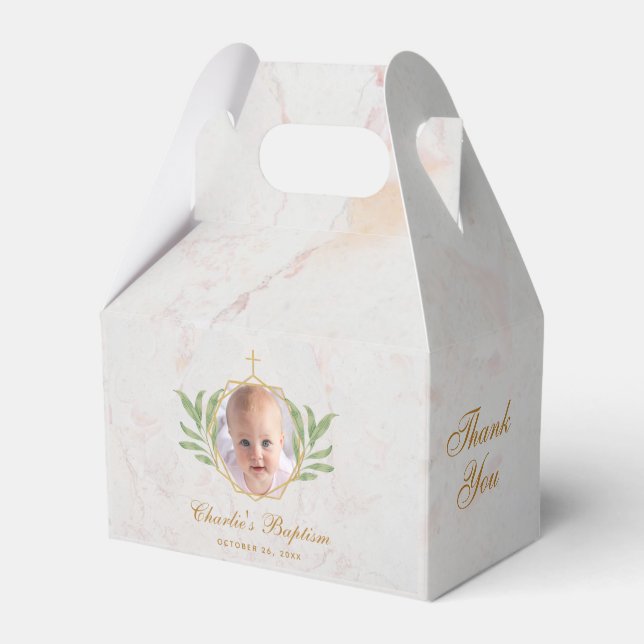 Baptism Marble Photo Leaves Foliage Botanical Favour Box (Front Side)