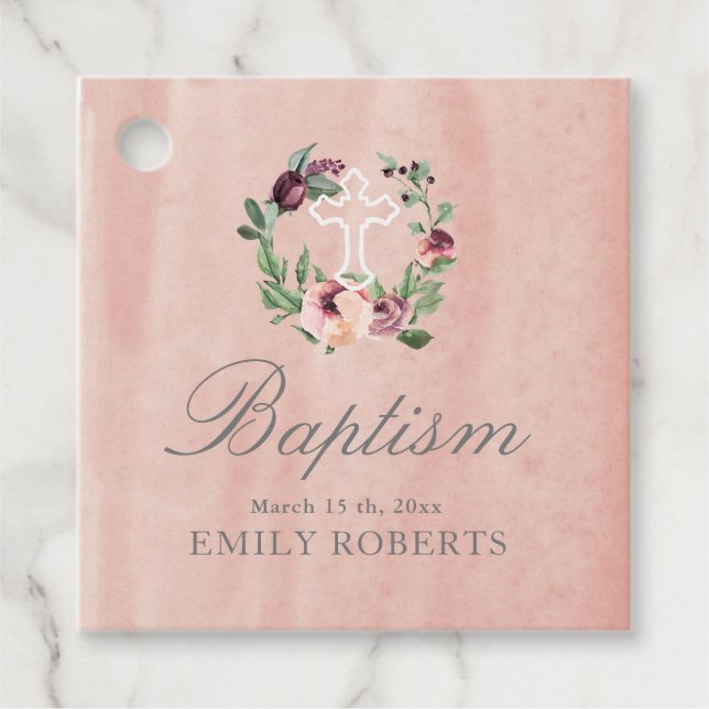 baptism marsala floral blush pink monogram favour tags (Front)