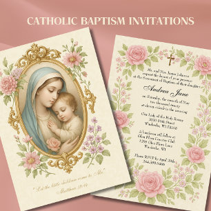 Baptism Mary and Jesus Pink Roses Invitation