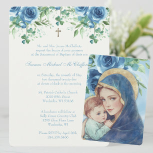  Baptism Mary Jesus Blue Floral Shamrocks  Invitation