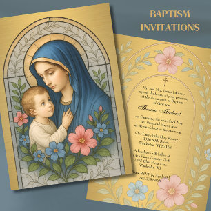 Baptism Mary Jesus Gold Stained Glass Invitation