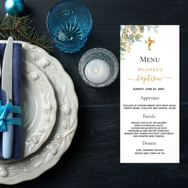 Baptism Menu eucalyptus greenery cross (Creator Uploaded)