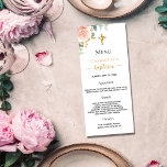 Baptism Menu rose gold blush pink floral girl<br><div class="desc">Baptism reception menu card.  Personalise and add a name,  date and the menu. A chic white background. Decorated with a watercolored rose gold and blush pink rose and green  eucalyptus leaves,  sprigs,  greenery,  faux gold leaves. A faux gold cross.</div>